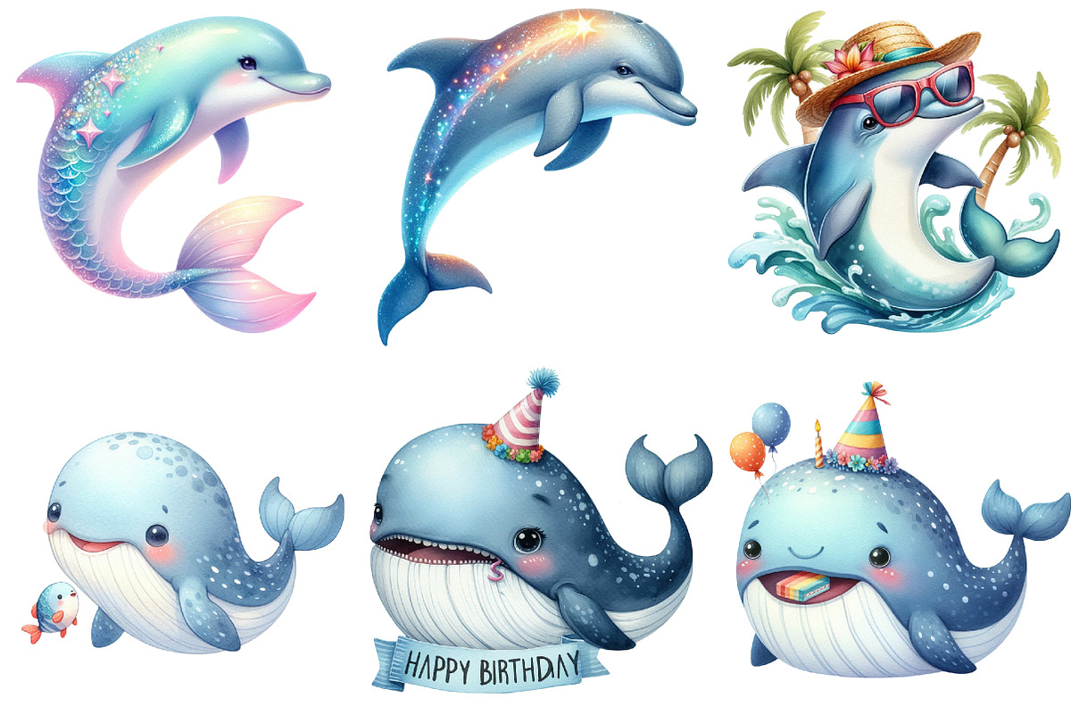 Cute Whale and Dolphin Clipart, an Illustration by Pixels.Craft (Photo 3 of 9)