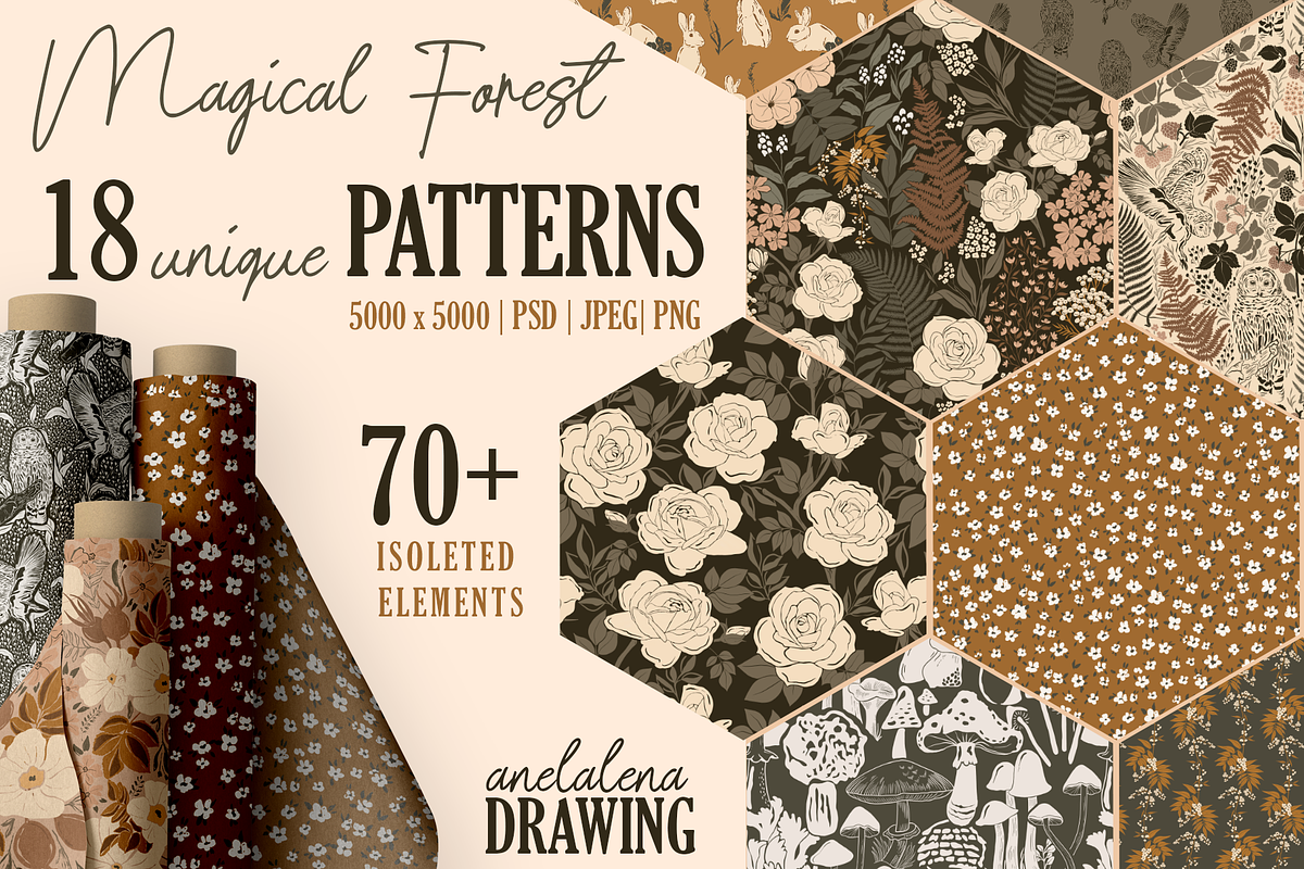 Magical forest seamless patterns, a Pattern Graphic by Alena Zaytseva (Photo 1 of 9)