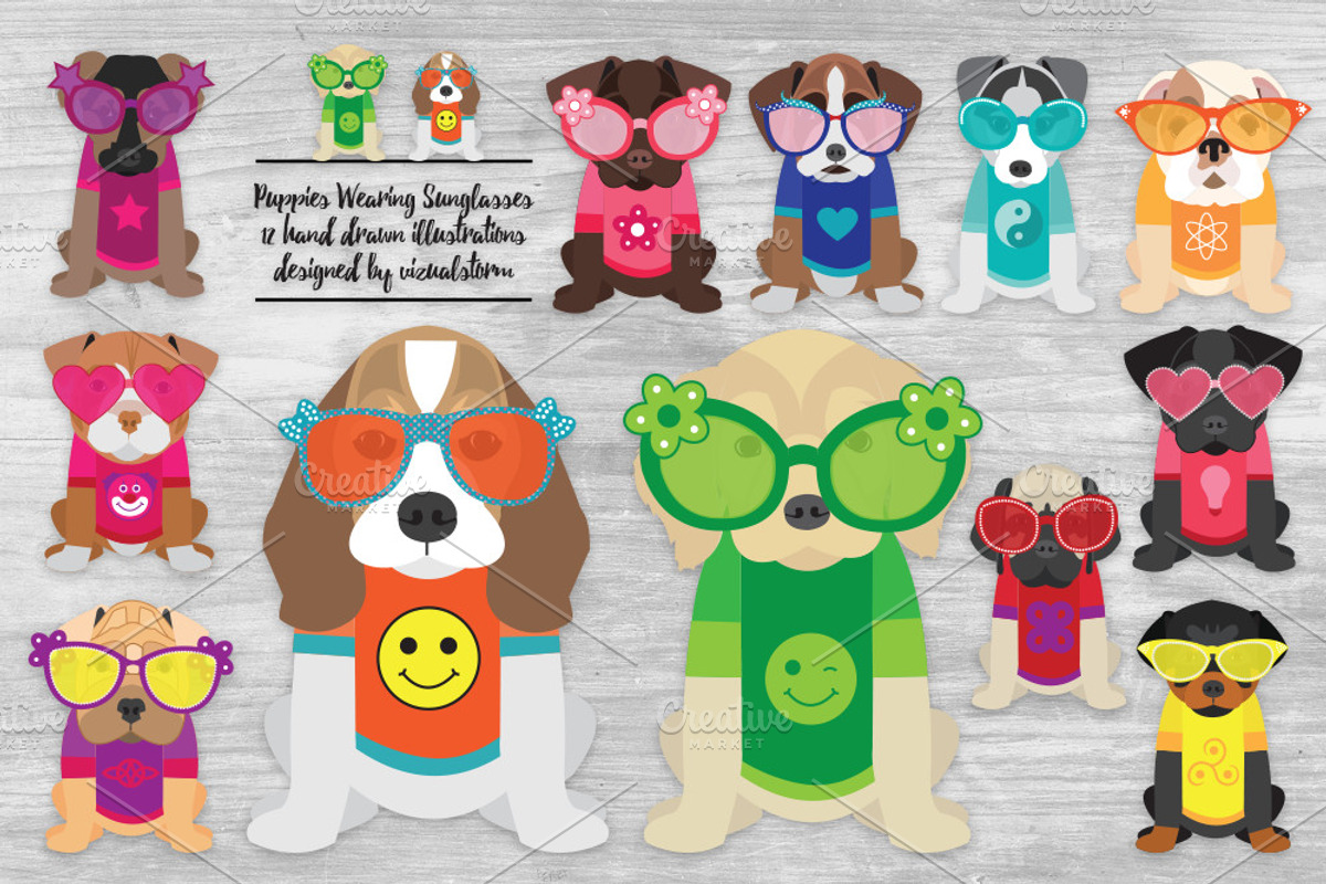 Summer Puppies Wearing Sunglasses, an Animal Illustration by VizualStorm