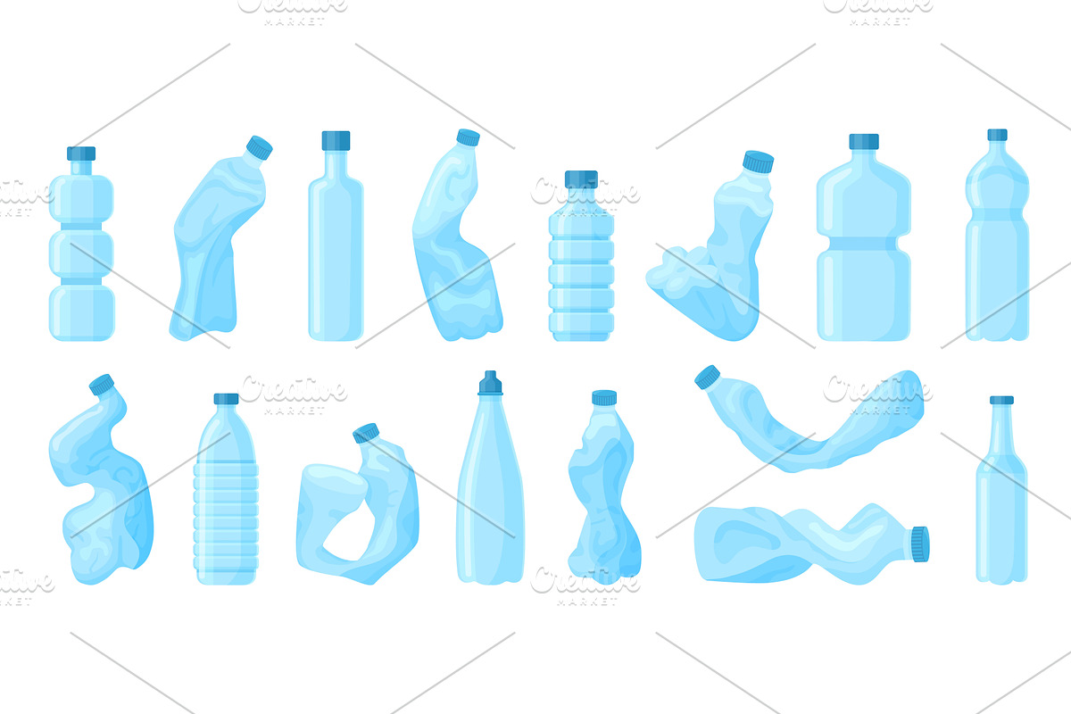 Cartoon crumpled bottles. Plastic, an Illustration by Valerie Bodnar