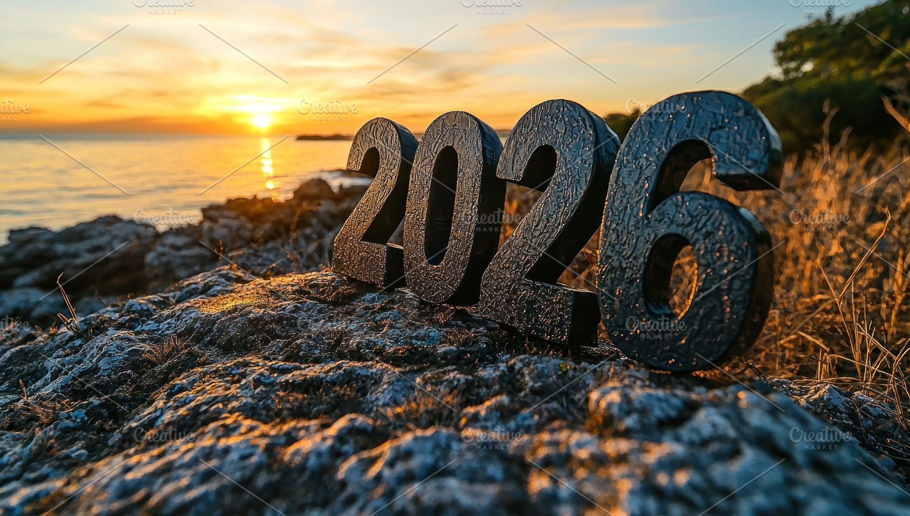 Black 2026 numbers on rocky coastline at sunset with golden ligh, a Background Photo by José Manuel Gelpi