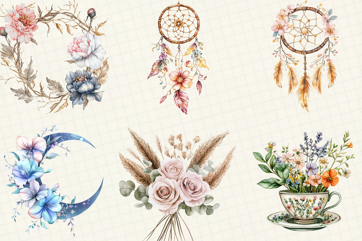 Boho Floral Spring Clipart, an Illustration by OK Design (Photo 2 of 4)