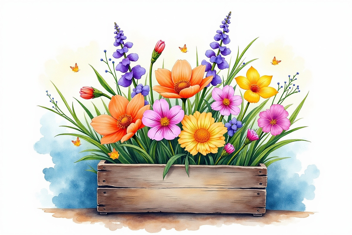 Wildflowers In Wooden Box Clipart Ki, an Illustration by hafijul (Photo 8 of 14)