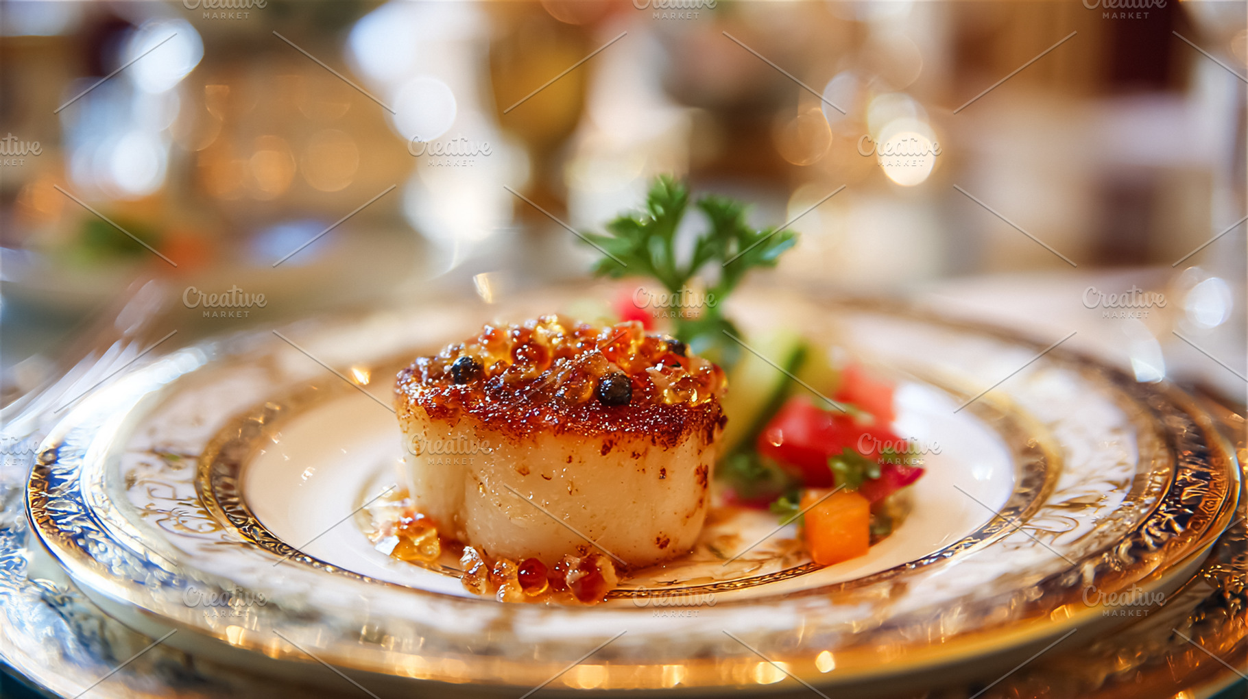 Seared scallop with caviar and garnish, luxury fine dining exper, a Food & Drink Photo by Studio ANNA