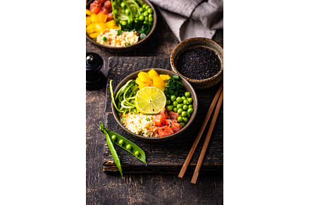 Healthy bowl with salmon and