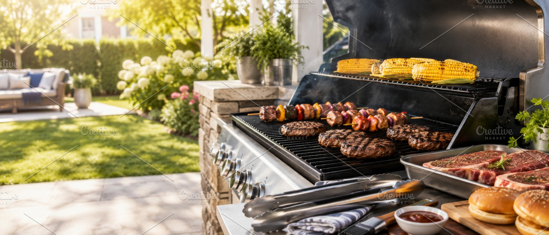 Summer BBQ banner with grilled meats, a Photo by Dvoevnore photos
