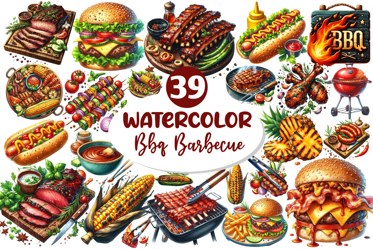 Watercolor Bbq Barbecue Clipart, an Illustration by Dream Creation (Photo 1 of 7)