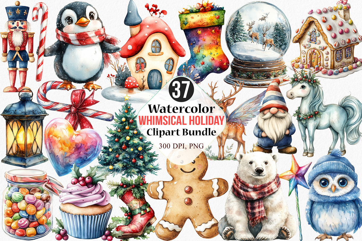 Watercolor Whimsical Holiday Clipart, an Illustration by Canvas Craft (Photo 1 of 7)