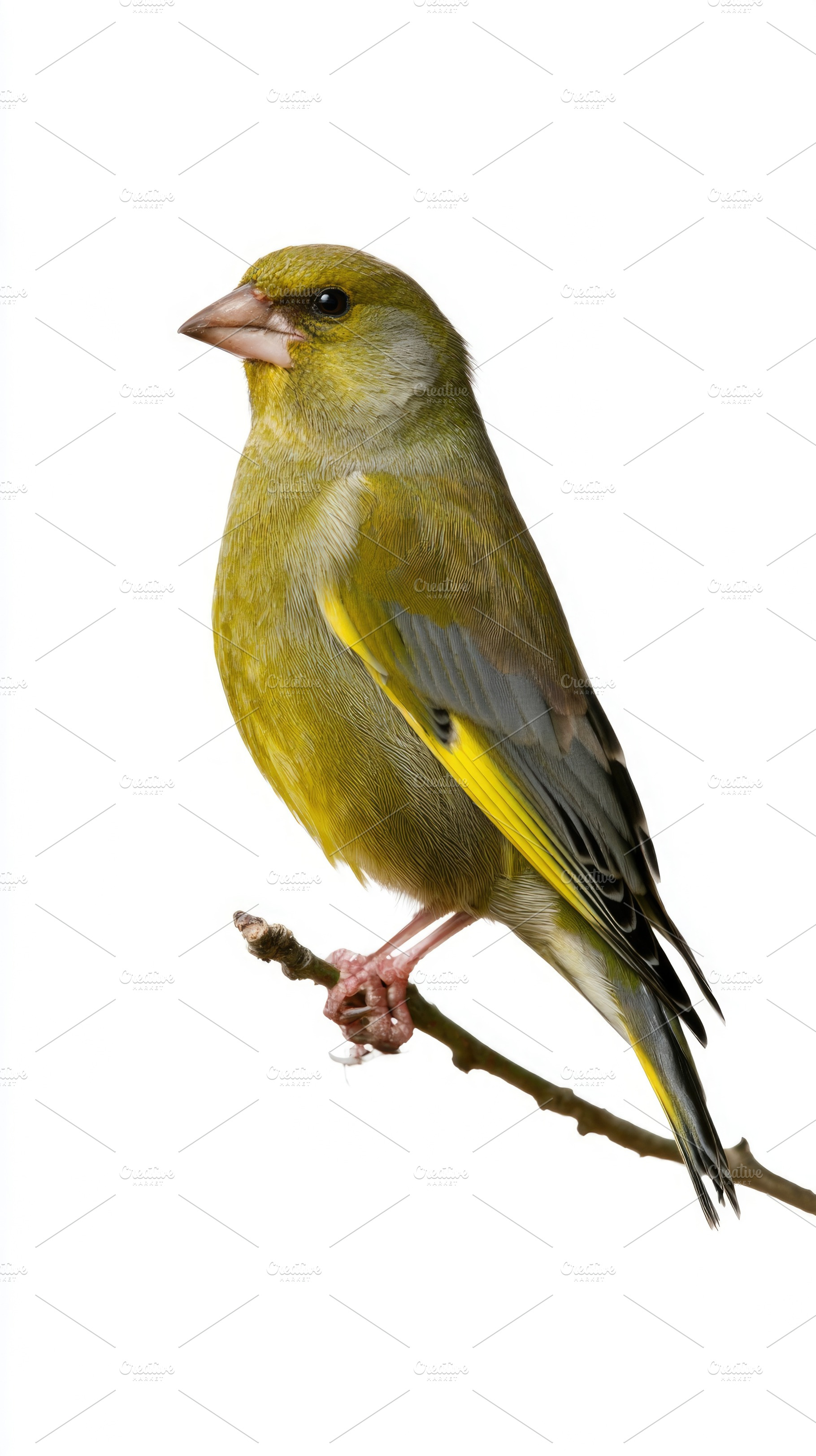 European greenfinch perched on branch isolated on white backgrou, an Animal Photo by José Manuel Gelpi