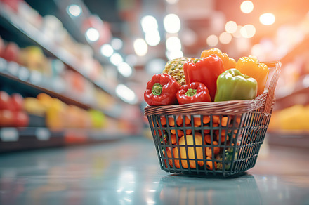 Shopping basket full of different grocery products on the floor, a Food & Drink Photo by AlyaAnd