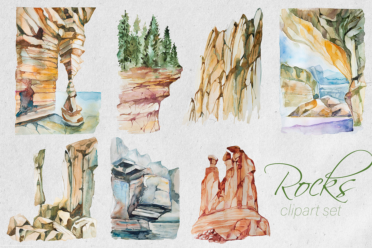 Watercolor Rocks Clipart Set, an Education Illustration by ArtCreationsDesign