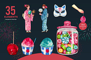 Japanese Summer Icons Watercolor, a Person Illustration by CreativeValuation (Thumbnail 2 of 11)
