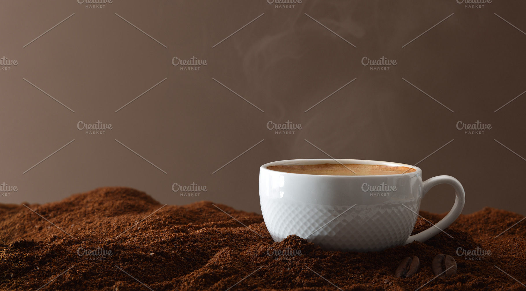 Cup with hot coffee on ground coffee and isolated background, a Food & Drink Photo by Davizro's Market
