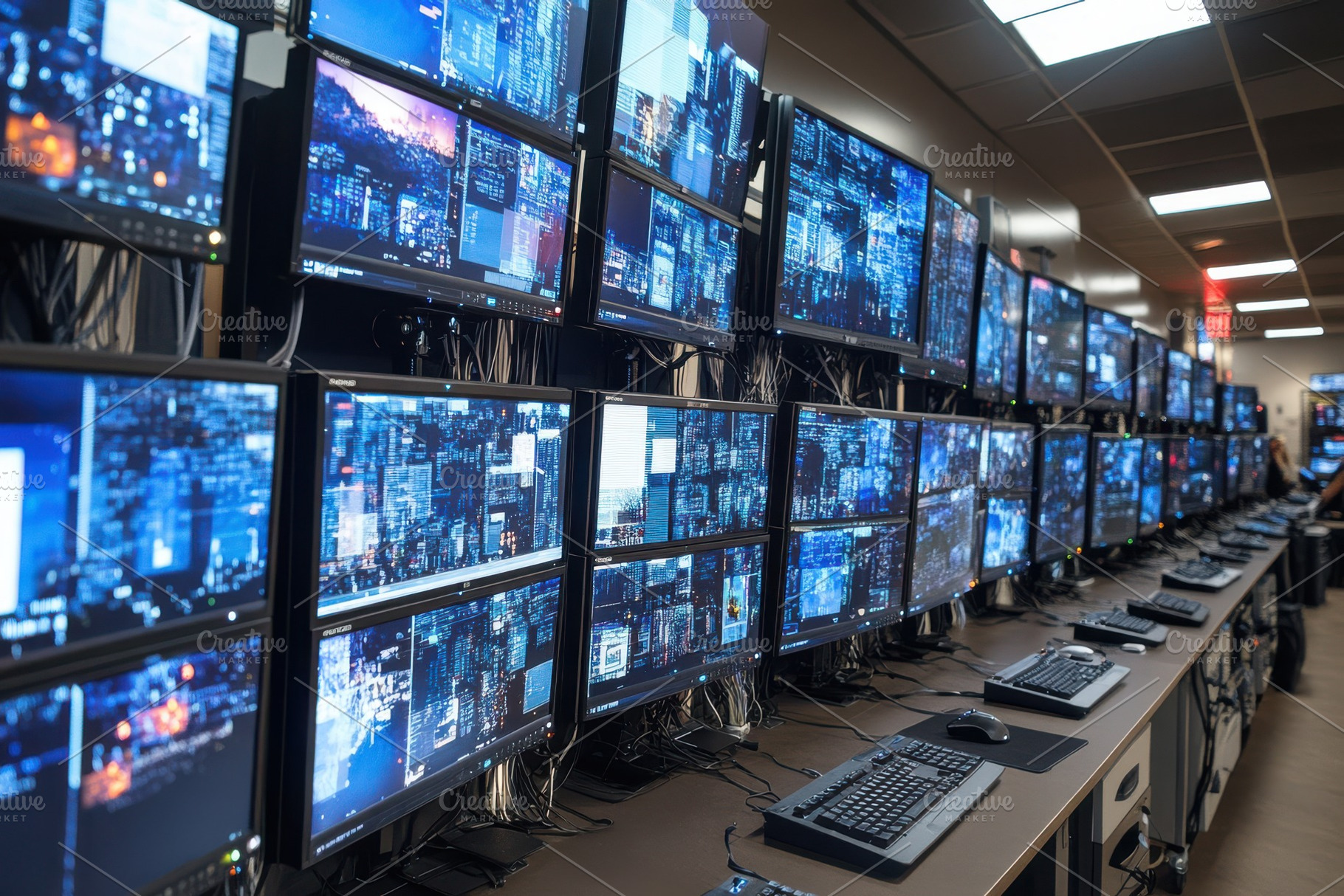 Multiple computer screens display da, a Background Photo by Pixeness