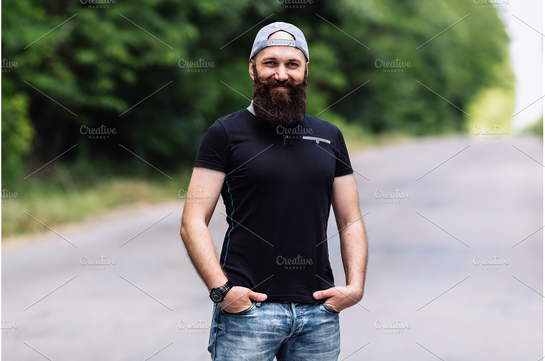 Smiling brutal man with a long beard, a Nature Photo by Red Hot Chili Pepper Shop