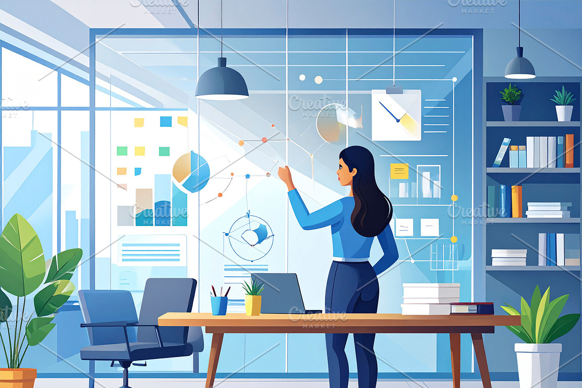 Young adult in a study room writing on a glass board filled with, an Education Illustration by DanFLCreativo
