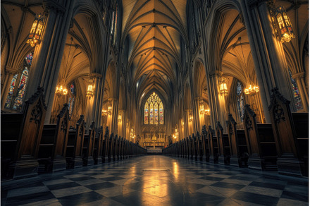 Majestic cathedral interior at dusk, an Architecture Photo by Ylivdesign