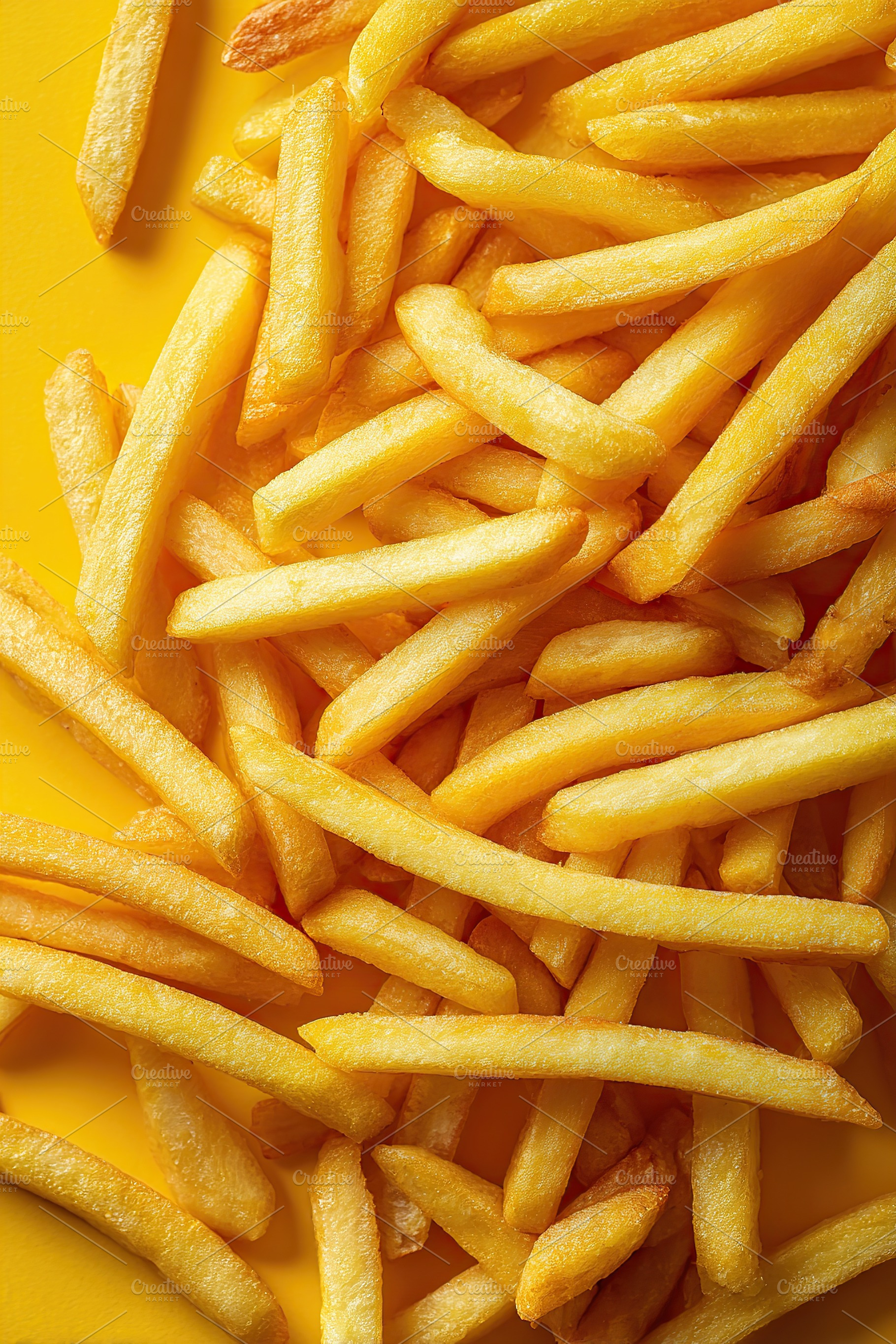 Freshly cooked golden French fries on a bright yellow background, a Food & Drink Photo by AlyaAnd