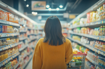Woman shopping in supermarket aisle, a Background Photo by Pixeness