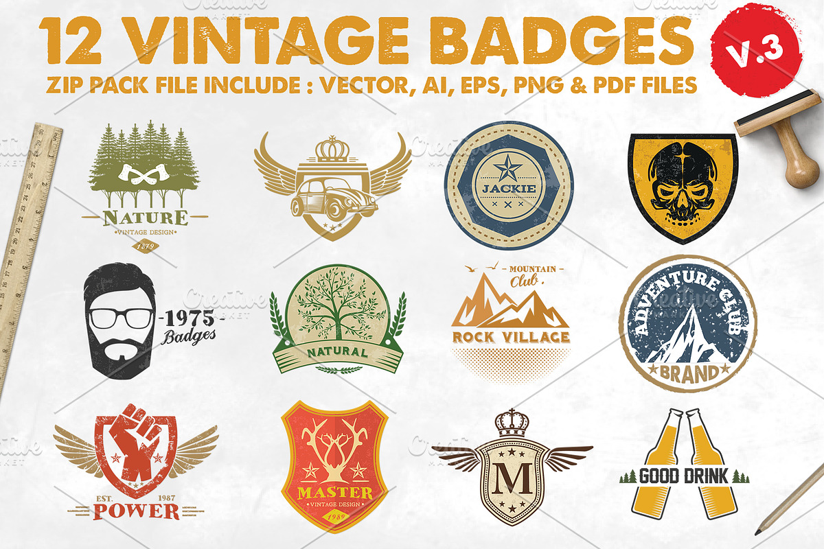 12 Vintage Badge Logos Version 3, a Branding & Logo Template by Graphicgo (Photo 1 of 4)