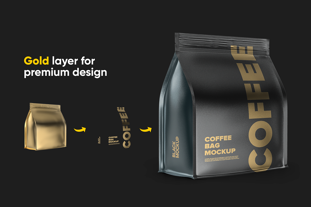 Coffee bag mockup. Metallic, a Packaging Mockup by BlackMockup (Photo 5 of 11)