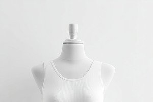 A plain white tank top mockup displayed on a mannequin against a light backgrou