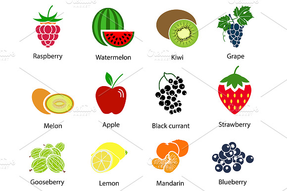 Set Of 12 Fruit Icons With Title