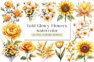 Gold Glowy Flowers Clipart Flower Pn, an Illustration by DreamArtGraphic