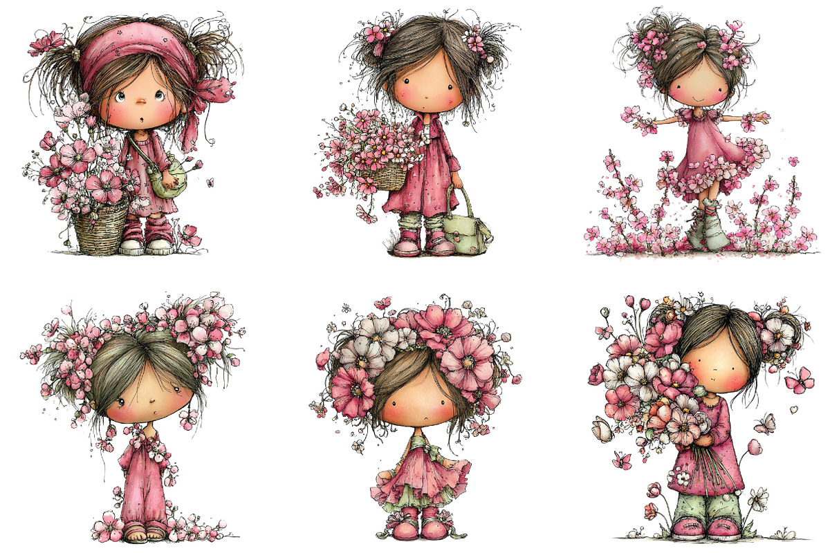 Whimsical Girl Flower Spring Clipart, an Illustration by CraftArtStudio (Photo 2 of 6)