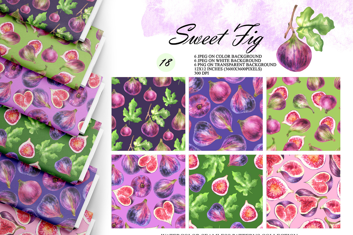 Watercolor Fig Seamless Patterns, a Food Illustration by OlDm_Shop (Photo 1 of 10)