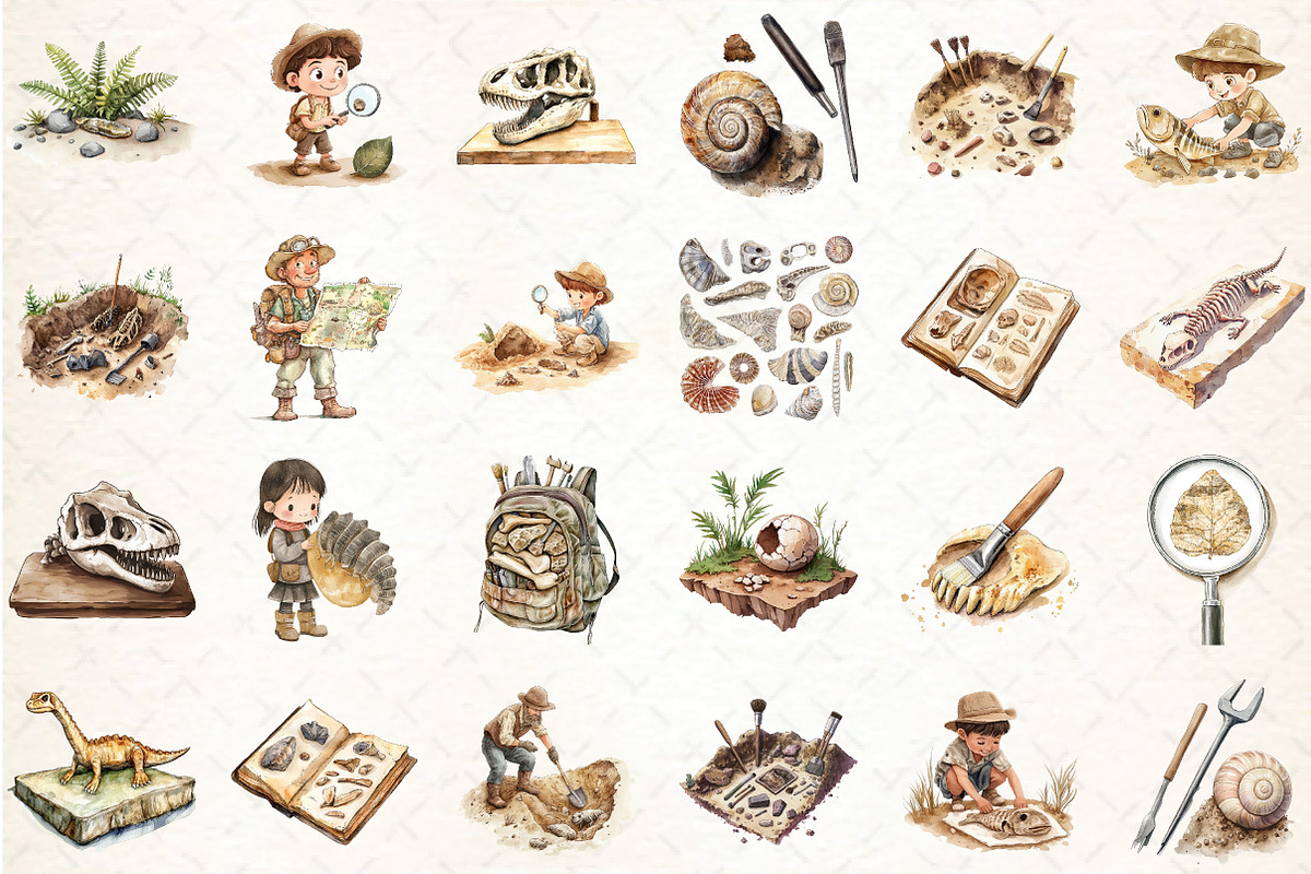 Fossil Explorers Watercolor Clipart, an Illustration by DreamCafeArt (Photo 3 of 6)
