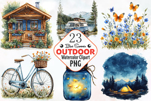 Blue Summer Outdoor Watercolor Clipa, a Seasonal Illustration by RobertsArt