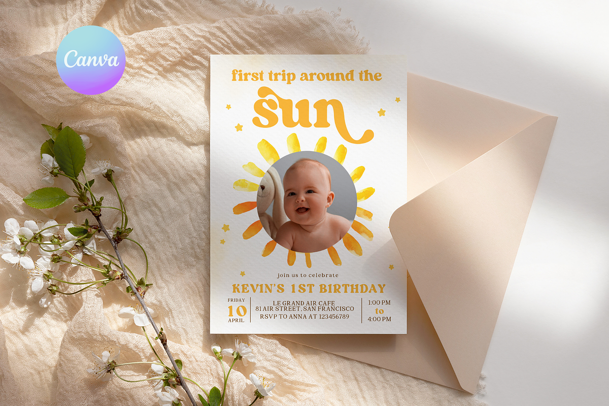 Sunshine First Birthday Photo Invite, a Templates & Theme by VeliusCreativeStudio (Photo 1 of 3)