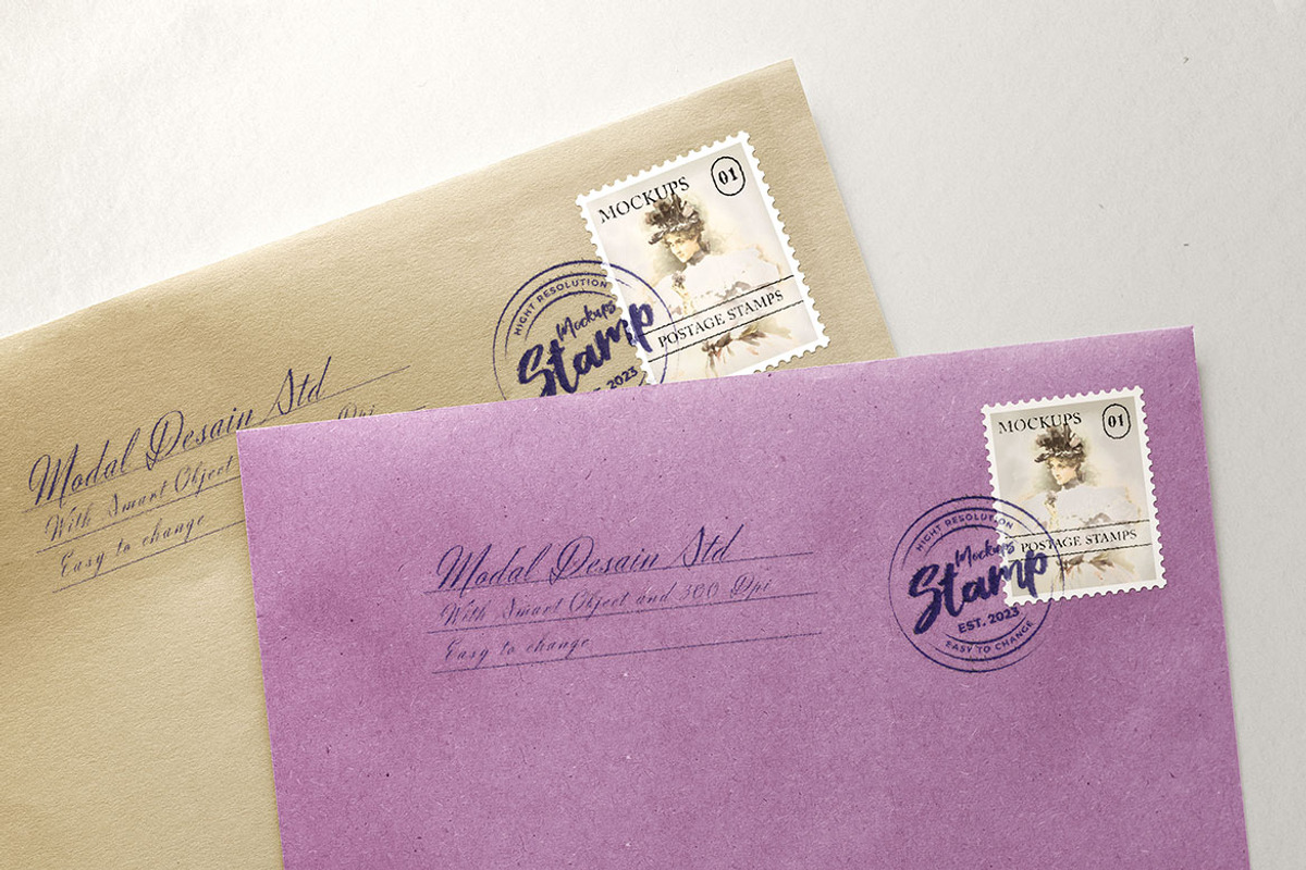 Stamp and Postage Stamp Mockup, a Books & Magazine Mockup by Artlogs x Modaldesain (Photo 3 of 4)