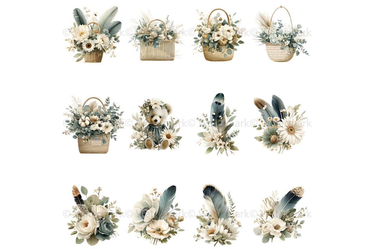 Green Boho Flower Clipart Bundle, a Decorative Illustration by Nicole Branger Art (Photo 8 of 20)