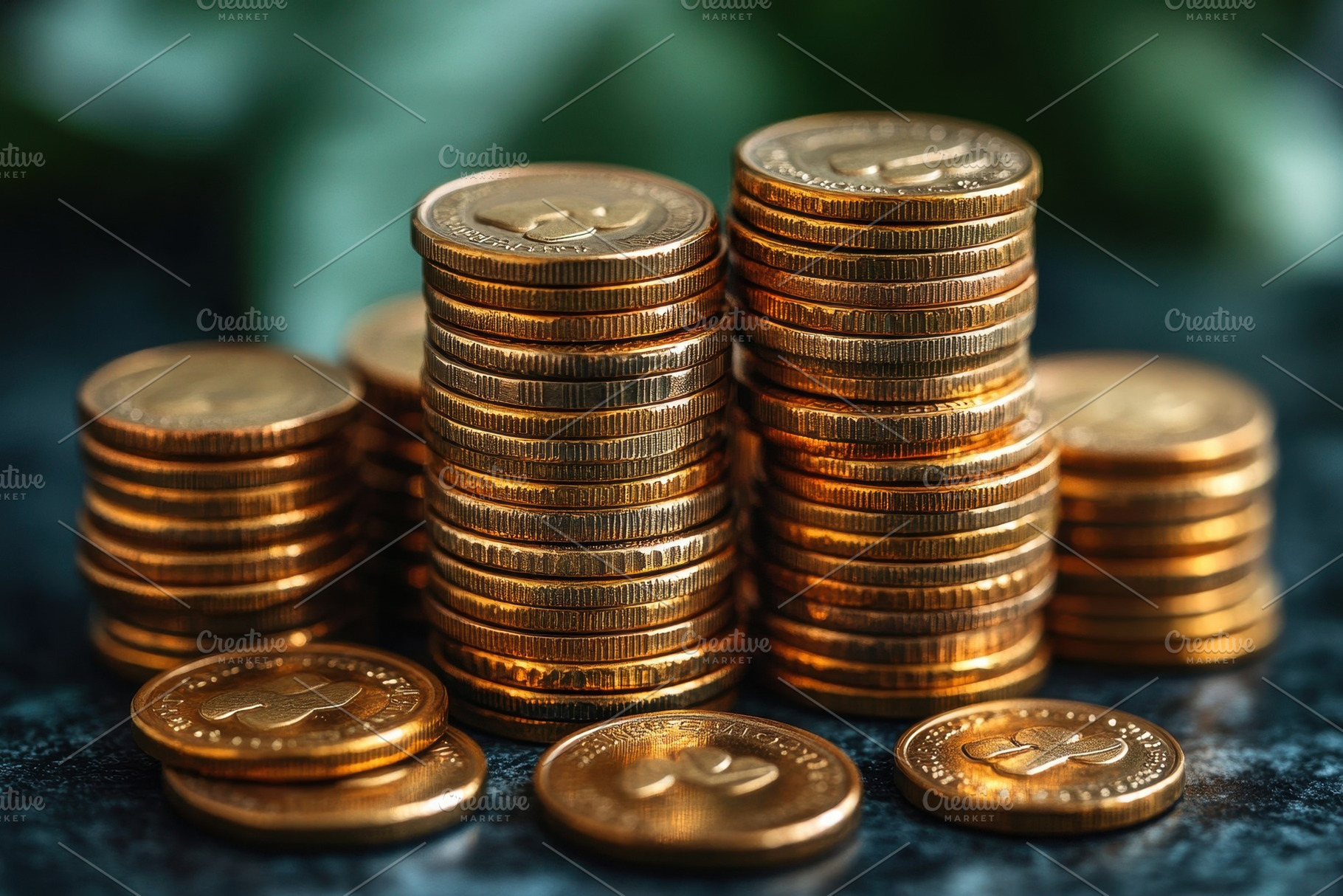 Stacks of shiny coins arranged on a, a Photo by Tanuart