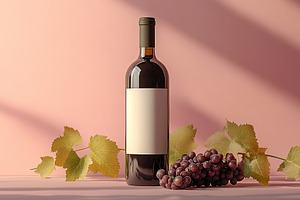 Elegant wine bottle with blank label and fresh grapes on a paste, a Food & Drink Photo by AlyaAnd