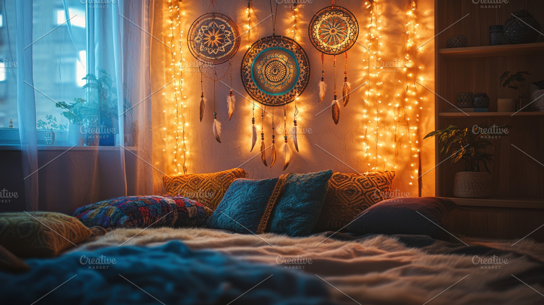 Cozy bedroom with dream catchers fai, a Background Photo by Pixeness Studio