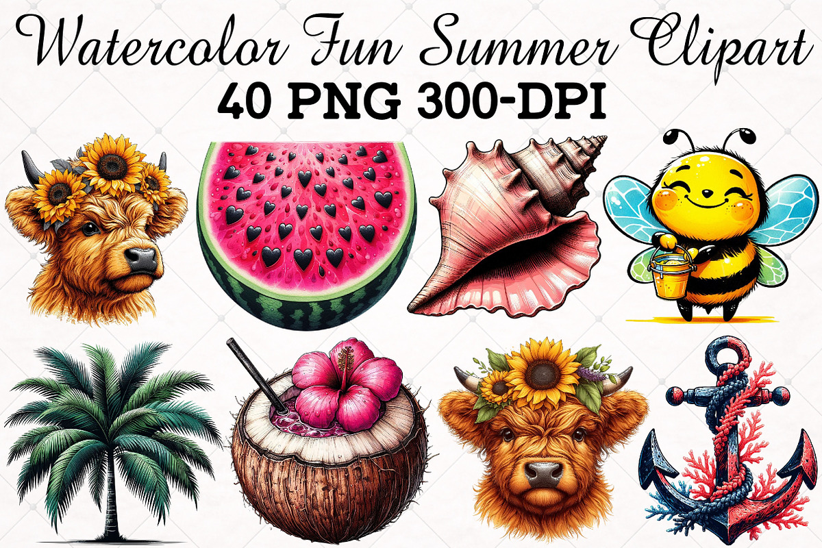 Watercolor Fun Summer Clipart Bundle, an Illustration by RobertsArt (Photo 1 of 5)