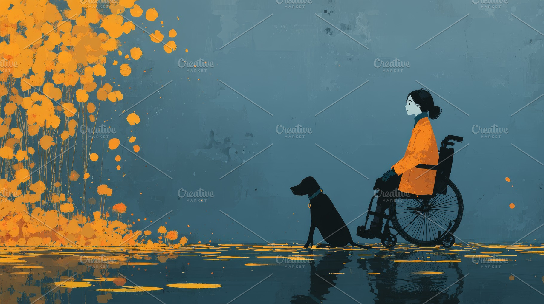 Woman in a wheelchair with a dog beside autumn leaves against a blue wall in a, a Photo by AS photostudio