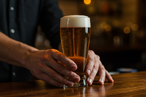 Bartender hand serving a cold pint o, a Food & Drink Photo by professorinc