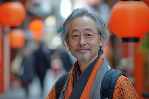 Japanologist. A middle-aged man with gray hair and glasses, wearing a tradition, a Person Photo by Textures & Backgrounds