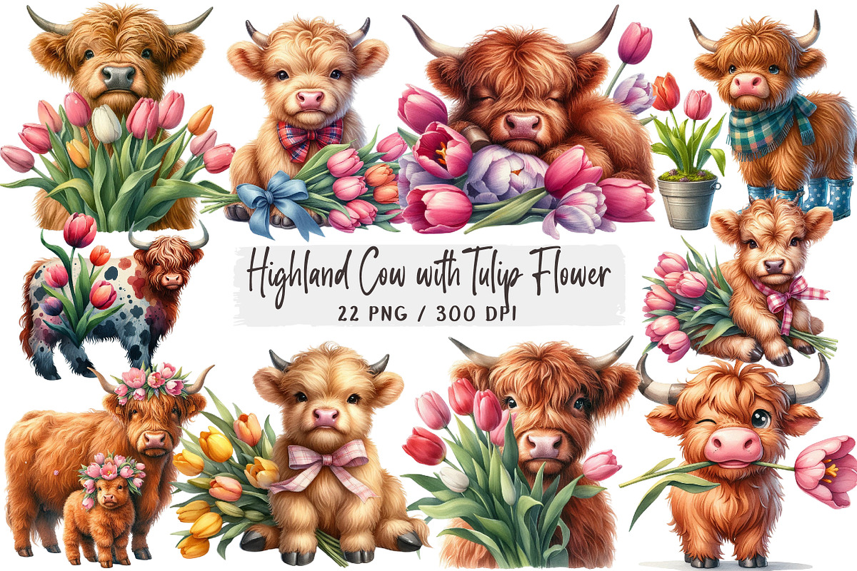 Highland Cow with Tulip Flower, a Seasonal Illustration by DreamArtGraphic (Photo 1 of 4)