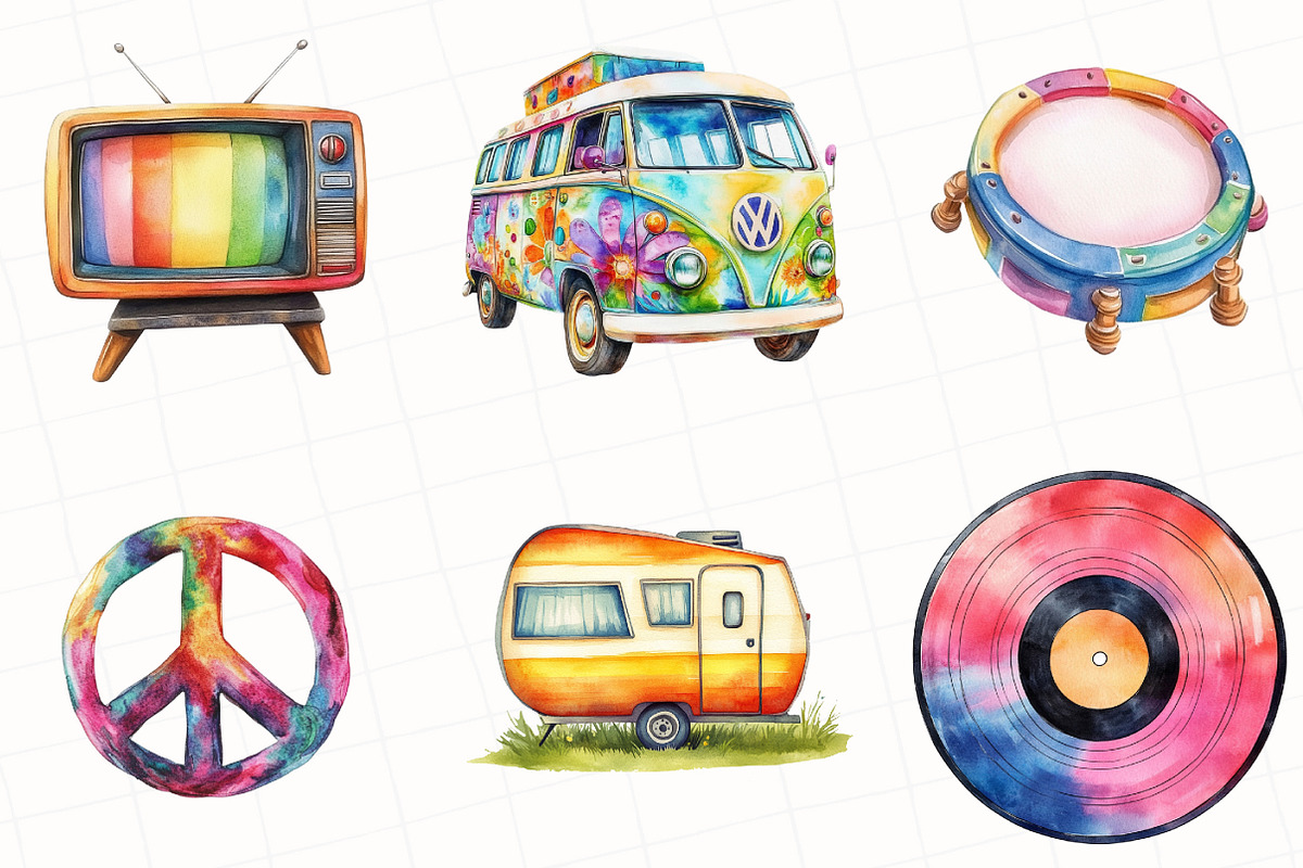 Kawaii 60s Groovy Watercolor Clipart, an Illustration by OK Design (Photo 4 of 5)
