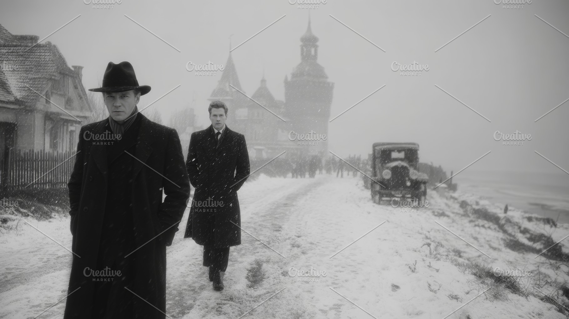 Two men walking in snowy wartime European village with vintage car nearby, a Photo by AS photostudio