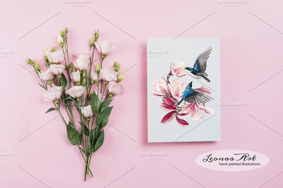 Swallows with magnolias Clipart Set, a Seasonal Illustration by Leonaa art (Photo 4 of 11)