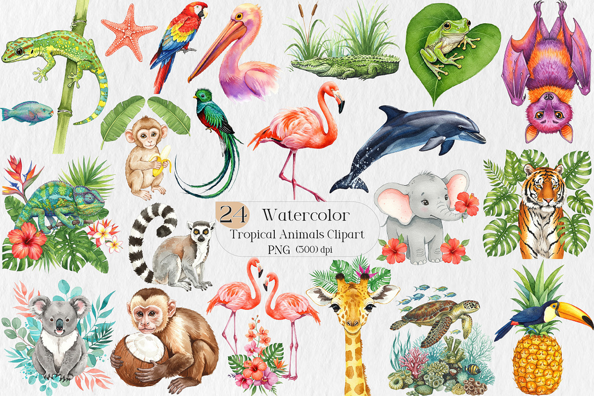 Watercolor Tropical Animals Clipart, an Illustration by Creative Art (Photo 1 of 9)
