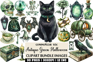 Antique Green Halloween Clipart, an Illustration by Craft Nest