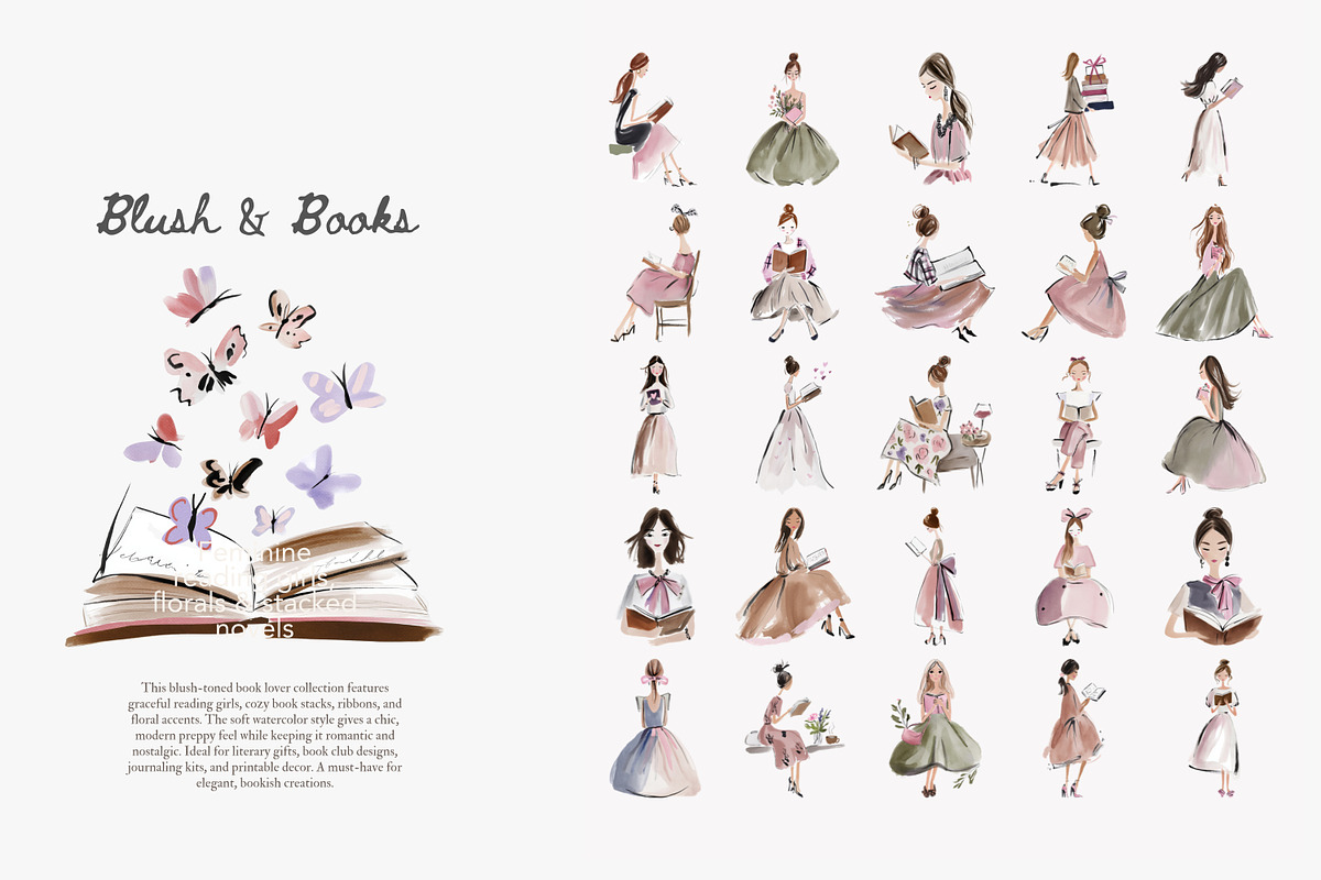 Blush Book Lover Clipart Bundle, a Decorative Illustration by Patishop Art (Photo 3 of 14)