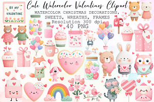 Cute Watercolor Valentines Clipart B, an Illustration by Sublimation Artist